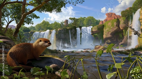 A river otter sits at the edge of a lush, animated landscape with cascading waterfalls