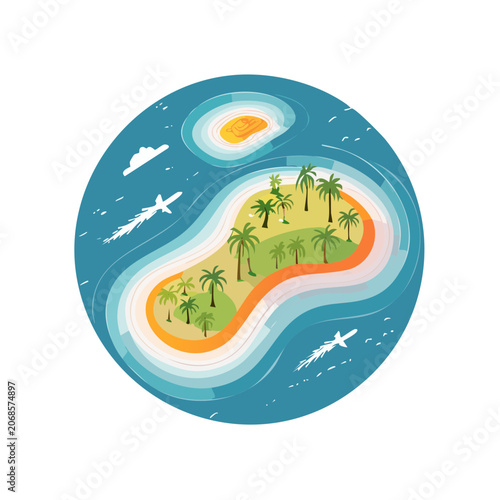 Tropical island with palm trees and ocean illustration