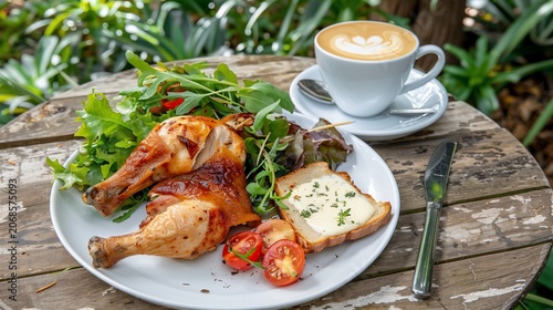 A roasted chicken meal with salad, toast, and latte art on a wooden table outdoors