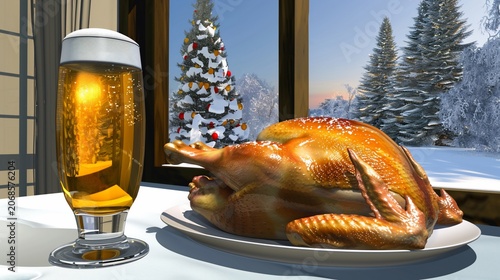 A roasted turkey on a white plate with a beer next to the window overlooking snow and firs