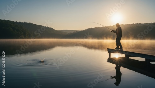 Angler fishing from wooden dock on tranquil lake at sunrise with golden reflection and mist
