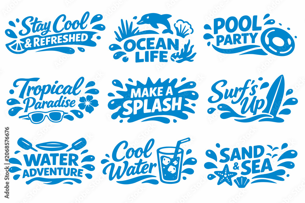 Obraz premium Collection of nine blue summer badges including ocean life, pool party, surfing and tropical paradise designs for beach themed branding.