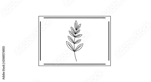 Minimalist botanical illustration of a delicate branch with leaves in a simple frame