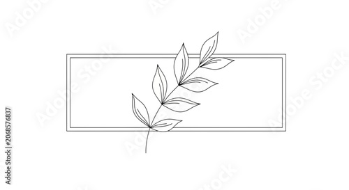 Minimalist botanical line art frame with leaves and rectangular border, elegant design element