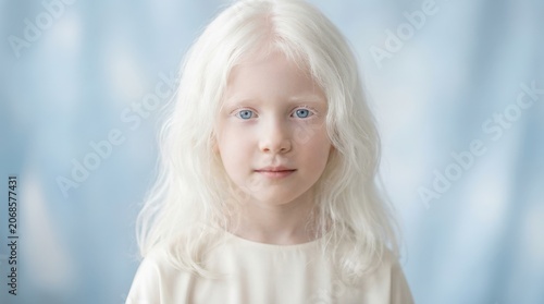 Portrait of a young child with albinism against a soft blue background