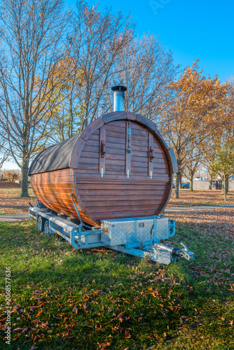 Photography Portable Wooden Barrel Sauna on Trailer, Park, Mobile Spa Unit, Nordic Wellness