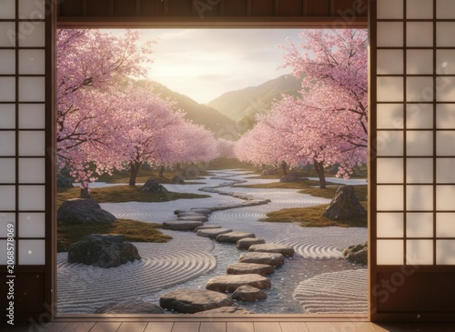 Serene Japanese Zen Garden with Cherry Blossoms and Stone Pathway at Sunrise