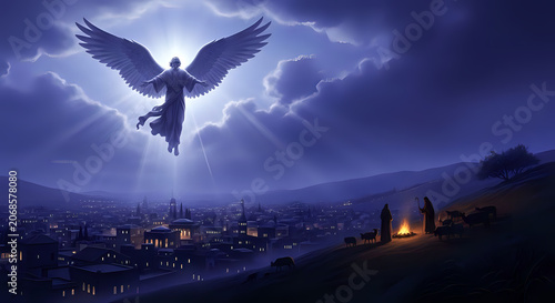 Angel appearing to shepherds in the night sky above a town with shepherds, christmas