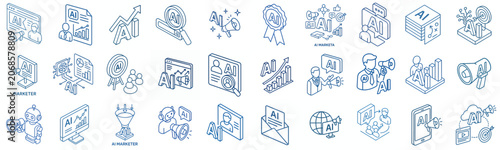 isometric line art AI Marketer vector icon inn blue
