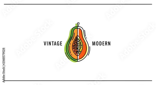 Vintage and Modern Papaya Illustration: Half Cut Fruit with Seeds, Organic Design