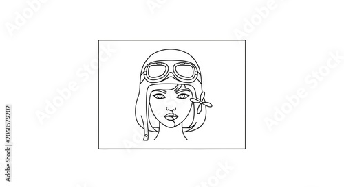 Vintage Aviator Woman Portrait, Retro Pilot Goggles and Helmet, Stylized Line Art