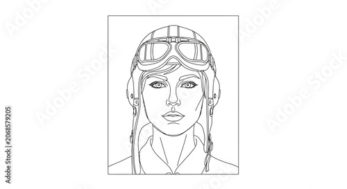 Vintage Aviator Woman Portrait, Retro Pilot Goggles and Helmet, Line Art Illustration