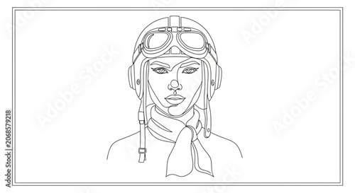 Vintage Aviator Woman Portrait, Retro Pilot Hat and Goggles, Stylish Scarf, Line Art Style