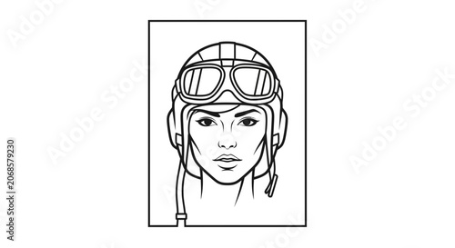 Vintage Aviator Woman Portrait, Retro Pilot Helmet and Goggles, Stylish Female Face Line Art