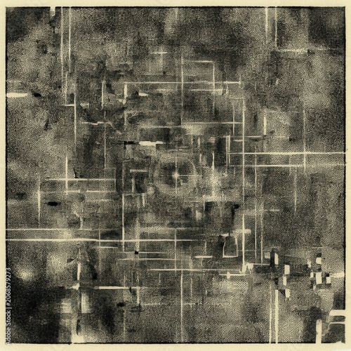 Abstract geometric pattern with intersecting lines and textured background in monochrome tones