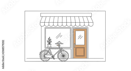 Vintage Bicycle Outside Charming Shop Facade with Awning and Plant