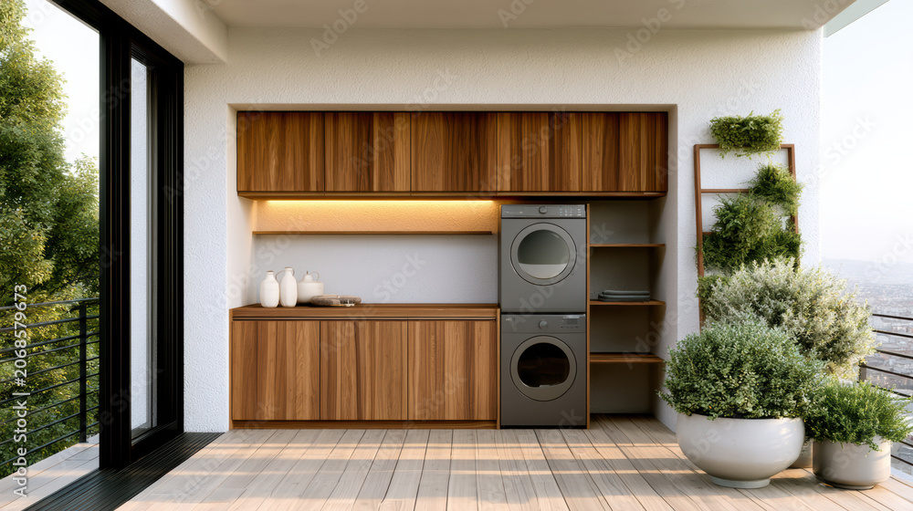 Fototapeta premium Modern balcony laundry area with wooden cabinets, stacked washer dryer, potted plants, city view, and natural sunlight create fresh atmosphere