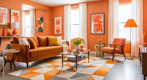 A vibrant orange and white living room with a geometric rug, orange sofa, and orange armchair, featuring abstract art on the walls and a wooden coffee table.