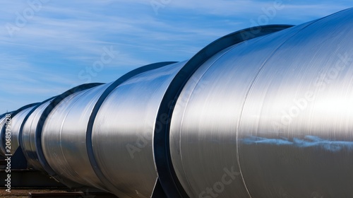 Industrial pipeline structure close-up, metallic silver tubes against blue sky,