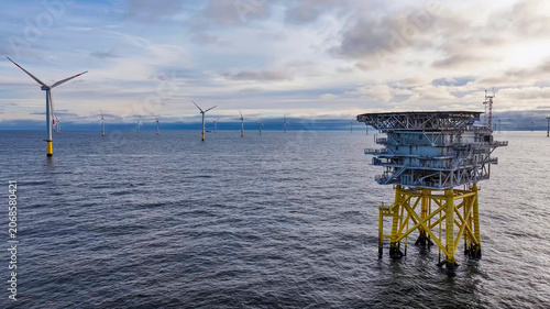 Offshore wind farm with electrical platform over the ocean