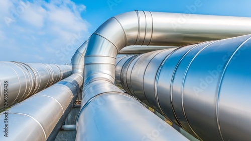 Industrial pipeline structure close-up, metallic silver tubes against blue sky,