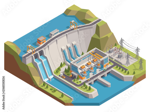 Obraz na plátně Isometric hydroelectric power plant and dam generating clean energy