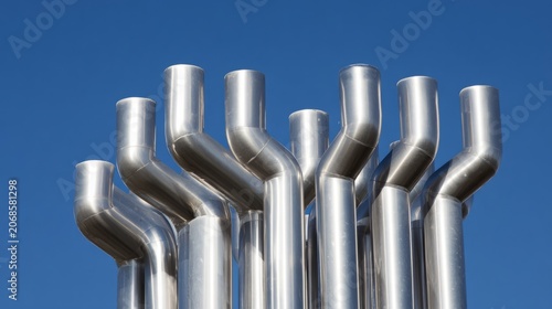 Industrial pipeline structure close-up, metallic silver tubes against blue sky,