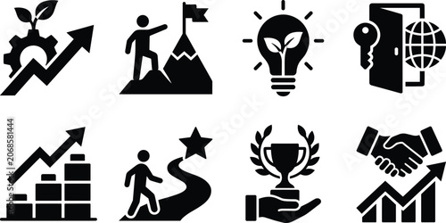 Business success and sustainable growth icon set with corporate milestone victory award and strategy partnership symbols