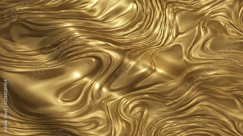 A shimmering, abstract image showcases a fluid, golden texture resembling liquid metal or flowing gold, creating a luxurious and dynamic visual effect.