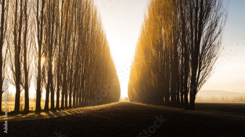 poplar. Perfectly aligned poplar trees along a country road, golden hour sunlight, serene landscape. travel magazines, destination branding, designed for outdoor magazines and nature guides.
