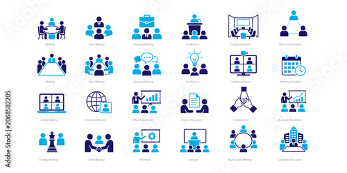 Business Meeting and Team Collaboration solid Icon. conference, strategy meeting, client meeting, project discussion, virtual conference, office presentation