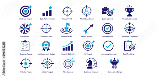 Business Target and Goal Achievement solid icons. marketing target, focus point, precision aim, mission target, success goal, audience targeting