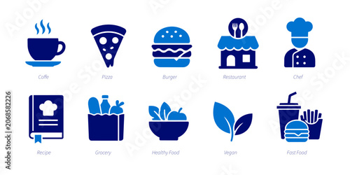 Food and lifestyle solid icon set collection. Fast Food, Healthy Food, Vegan, Grocery, Recipe, Chef, Restaurant, Burger, Pizza, Coffee