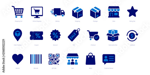 E-commerce solid icon set collection. Cashback, Rating Star, Customer Review, Subscription, Retail Sale, QR Code, Checkout, Discount, Coupon, Order