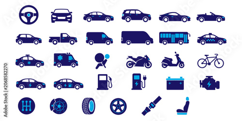 Transportation and Automotive Solid Icons Set Collection. electric vehicle, EV icons, transportation vector, mobility icons, auto service icons, transport symbols