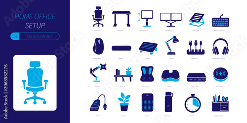 Home Office Setup Solid Icon Set Collection. Workspace, Timer Smart, Thermos Air, Desk Plant, USB Hub, Wireless, Charger, Laptop Stand, Dual Monitor