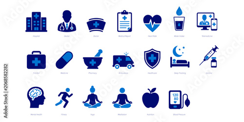 Health and Medical solid icon set collection. Doctor, Telemedicine, Sleep Tracking, Nutrition, Fitness, Mental Health, Medicine, Heart Rate, Medical Report, Hospital
