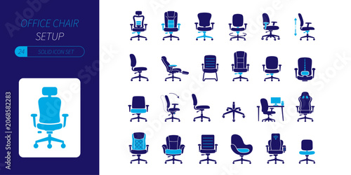 Modern Office Chair Solid Icons Set Silhouettes. ergonomic, gaming chair, office furniture, workstation, seating