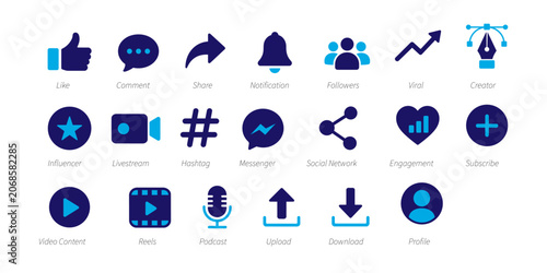 Social Media and Communication Solid Icons Set.  Messenger, Hashtag, Livestream, Influencer, Followers, Notification, Share, Comment, Like