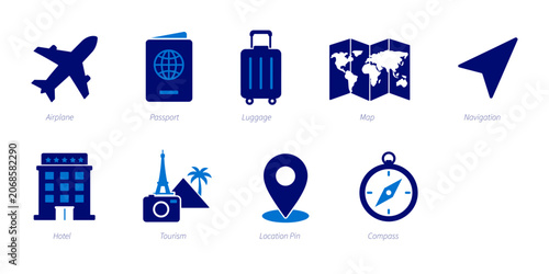 Travel solid icon set collection. Compass, Navigation Map, Location Pin, Tourism, Hotel, Luggage, Passport, Airplane