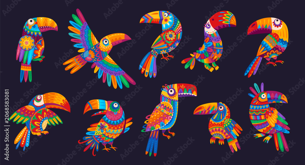 Obraz premium Mexican toucan birds characters with Mexico traditional flowers pattern. Cartoon funny tropical toco toucan birds set with mexican folk ornaments of talavera vivid color geometric shapes ornaments