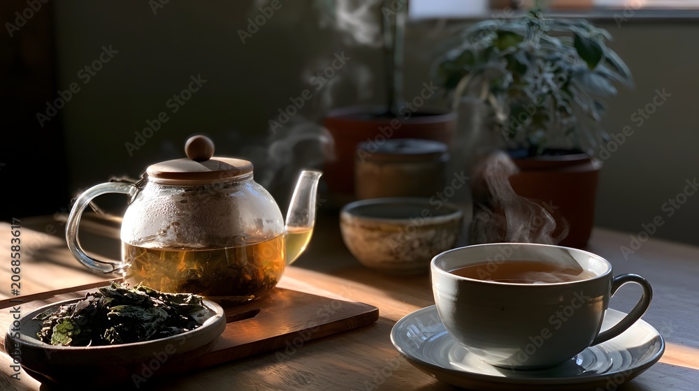 Fototapeta premium A serene scene featuring a steaming cup of herbal tea bathed in warm sunlight creating a tranquil and restorative ambiance