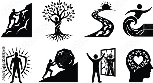 Bild auf Leinwand Mental health resilience and personal growth icon set with life obstacles overco