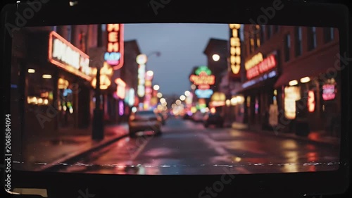 A vibrant, abstract cityscape is reflected in a dark, wet surface, creating a blurred and dreamlike visual effect.