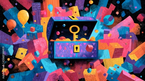 Vibrant Purple Treasure Chest with Golden Key, Colorful Fantasy Adventure Illustration