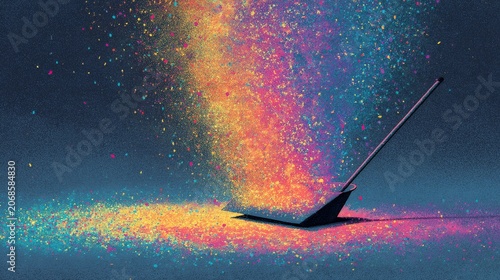Broom Creating Vibrant Rainbow Trail on Dark Background, Magical Color Sweep Illustration