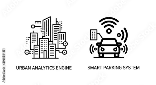 Urban analytics engine and smart parking system icons with analytics, technology