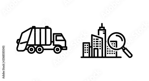 Waste management garbage truck and city search icons with management, magnifying