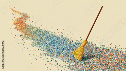 Broom Sweeping Confetti on Blue Background, Minimal Cleanup Celebration Concept Illustration