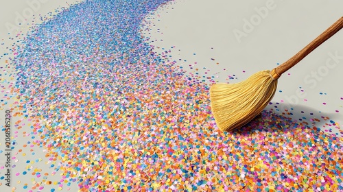Broom Sweeping Confetti Across Blue Background with Motion Blur, Dynamic Cleanup Concept Illustration